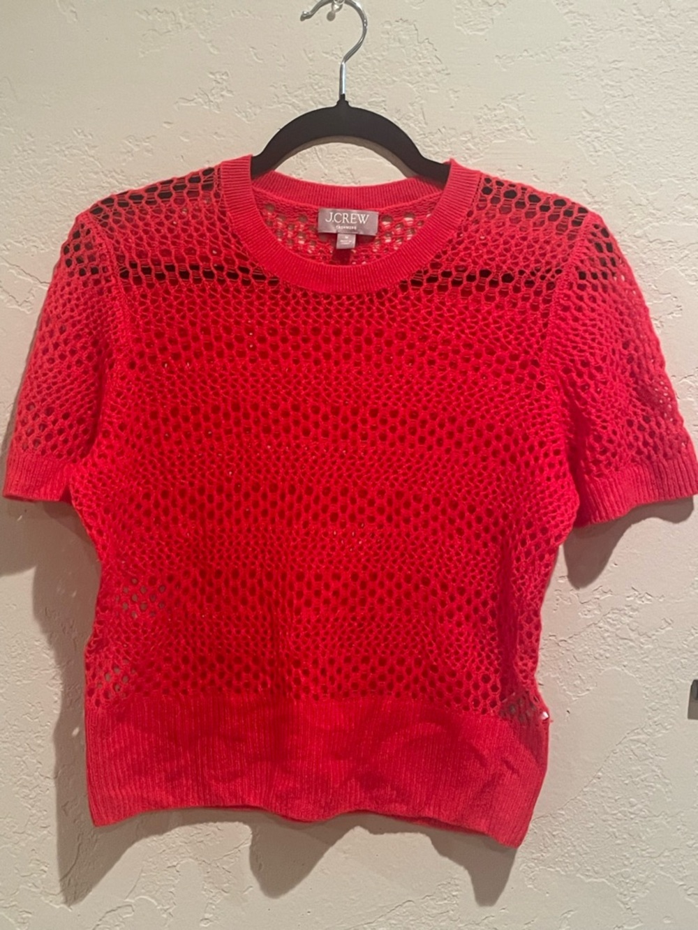 J. Crew Red Open-Knit Short Sleeve Cashmere Sweater.